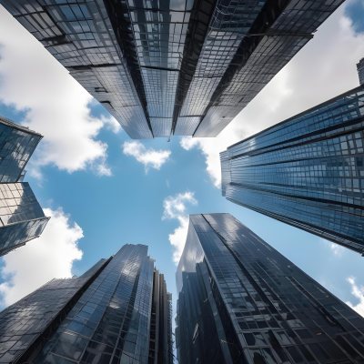 Worm S Eye View Of Modern Skyscrapers With Glass And Steel Facades Reaching Towards A Blue Sky With Scattered Clouds Creating A Sense Of Urban Grandeur 11 52b3