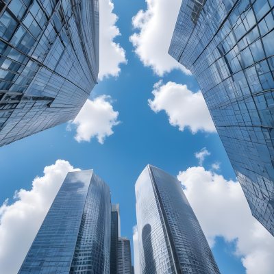 Worm S Eye View Of Modern Skyscrapers With Glass And Steel Facades Reaching Towards A Blue Sky With Scattered Clouds Creating A Sense Of Urban Grandeur 12 4b0f