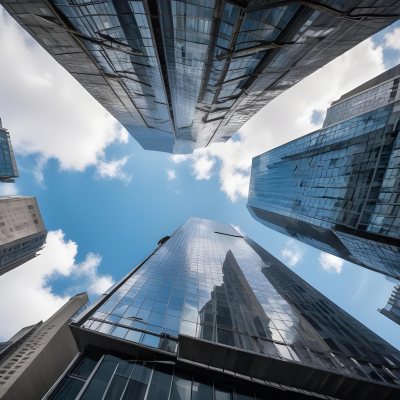 Worm S Eye View Of Modern Skyscrapers With Glass And Steel Facades Reaching Towards A Blue Sky With Scattered Clouds Creating A Sense Of Urban Grandeur 13 9eda