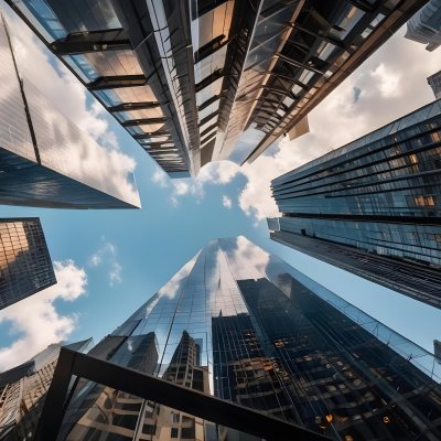 Worm S Eye View Of Modern Skyscrapers With Glass And Steel Facades Reaching Towards A Blue Sky With Scattered Clouds Creating A Sense Of Urban Grandeur 14 9a79