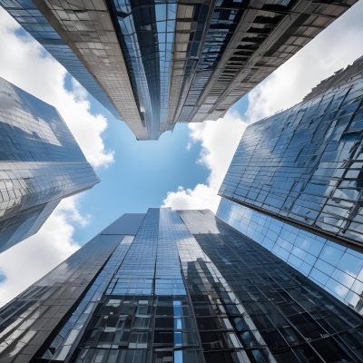 Worm S Eye View Of Modern Skyscrapers With Glass And Steel Facades Reaching Towards A Blue Sky With Scattered Clouds Creating A Sense Of Urban Grandeur 15 B6ee