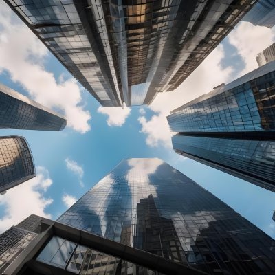 Worm S Eye View Of Modern Skyscrapers With Glass And Steel Facades Reaching Towards A Blue Sky With Scattered Clouds Creating A Sense Of Urban Grandeur 17 3386