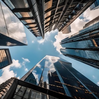 Worm S Eye View Of Modern Skyscrapers With Glass And Steel Facades Reaching Towards A Blue Sky With Scattered Clouds Creating A Sense Of Urban Grandeur 20 D400