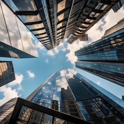 Worm S Eye View Of Modern Skyscrapers With Glass And Steel Facades Reaching Towards A Blue Sky With Scattered Clouds Creating A Sense Of Urban Grandeur 24 Eafb