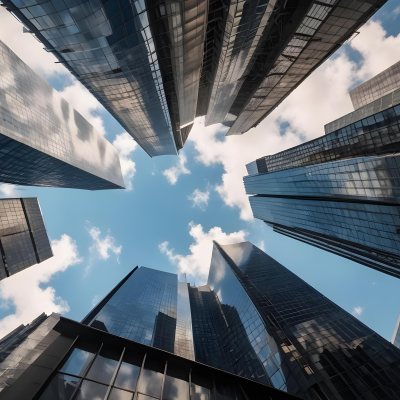 Worm S Eye View Of Modern Skyscrapers With Glass And Steel Facades Reaching Towards A Blue Sky With Scattered Clouds Creating A Sense Of Urban Grandeur 26 Be0c