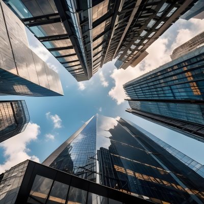Worm S Eye View Of Modern Skyscrapers With Glass And Steel Facades Reaching Towards A Blue Sky With Scattered Clouds Creating A Sense Of Urban Grandeur 27 Ba30