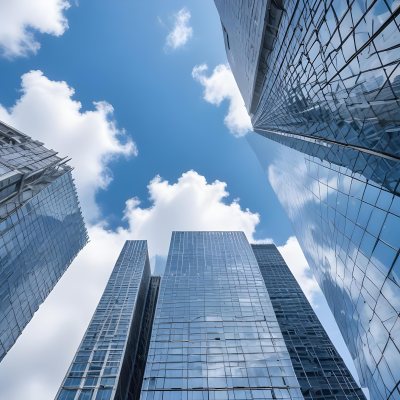 Worm S Eye View Of Modern Skyscrapers With Glass And Steel Facades Reaching Towards A Blue Sky With Scattered Clouds Creating A Sense Of Urban Grandeur 4 265e