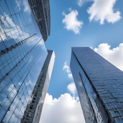 Worm S Eye View Of Modern Skyscrapers With Glass And Steel Facades Reaching Towards A Blue Sky With Scattered Clouds Creating A Sense Of Urban Grandeur 6 F7c9