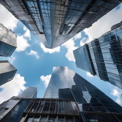 Worm S Eye View Of Modern Skyscrapers With Glass And Steel Facades Reaching Towards A Blue Sky With Scattered Clouds Creating A Sense Of Urban Grandeur 7 0138