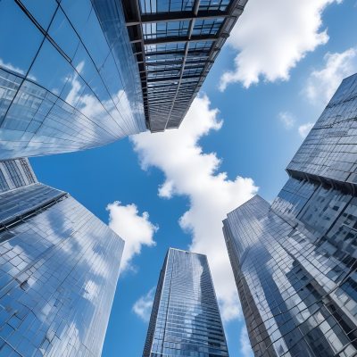 Worm S Eye View Of Modern Skyscrapers With Glass And Steel Facades Reaching Towards A Blue Sky With Scattered Clouds Creating A Sense Of Urban Grandeur 8 Cf82