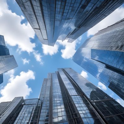Worm S Eye View Of Modern Skyscrapers With Glass And Steel Facades Reaching Towards A Blue Sky With Scattered Clouds Creating A Sense Of Urban Grandeur 9 0095