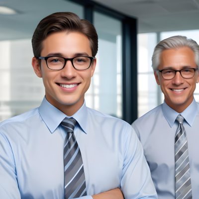 Young Adult Male With Light Skin And Dark Hair Wearing Glasses And A Light Blue Dress Shirt With A Gray Tie Smiling While Adjusting His Glasses An Older Male With Gray Hair Wearing A Light Blue Dress Shirt And A S 4 239b