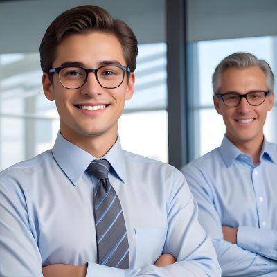 Young Adult Male With Light Skin And Dark Hair Wearing Glasses And A Light Blue Dress Shirt With A Gray Tie Smiling While Adjusting His Glasses An Older Male With Gray Hair Wearing A Light Blue Dress Shirt And A S 5 8f58
