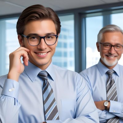 Young Adult Male With Light Skin And Dark Hair Wearing Glasses And A Light Blue Dress Shirt With A Gray Tie Smiling While Adjusting His Glasses An Older Male With Gray Hair Wearing A Light Blue Dress Shirt And A S 6 Cef2
