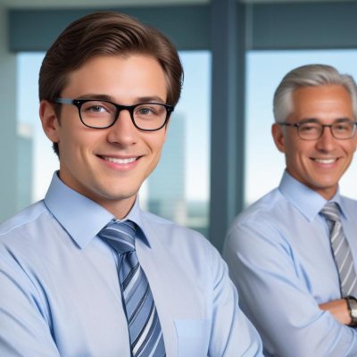 Young Adult Male With Light Skin And Dark Hair Wearing Glasses And A Light Blue Dress Shirt With A Gray Tie Smiling While Adjusting His Glasses An Older Male With Gray Hair Wearing A Light Blue Dress Shirt And A S 7 6180