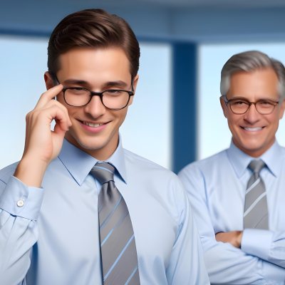 Young Adult Male With Light Skin And Dark Hair Wearing Glasses And A Light Blue Dress Shirt With A Gray Tie Smiling While Adjusting His Glasses An Older Male With Gray Hair Wearing A Light Blue Dress Shirt And A S 8 Acb0