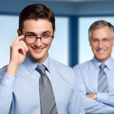 Young Adult Male With Light Skin And Dark Hair Wearing Glasses And A Light Blue Dress Shirt With A Gray Tie Smiling While Adjusting His Glasses An Older Male With Gray Hair Wearing A Light Blue Dress Shirt And A S 9 0526