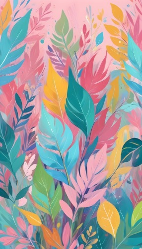 Colorful Abstract Leaves And Foliage In Shades Of Pink Blue Yellow And Green Against A Teal Background 9 8ccb