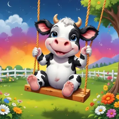 Digital Painting A Cartoon Baby Cow With Black And White Spots Sitting On A Swing With A Tree And A Fence In A Colorful Landscape With Flowers Bold And Slim Lines Brush Strokes 28 8bd0