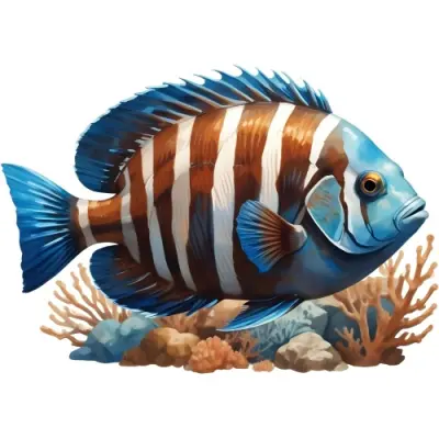 Digital Painting A Colorful Fish With Brown And White Stripes Blue Fins And Tail Surrounded By Coral And Rocks In A Blue Background Bold And Slim Lines Brush Strokes 30 80c7
