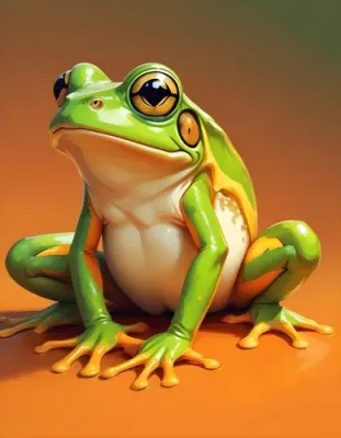 Digital Painting A Green And Yellow Frog With Big White Eyes Sitting Down With A Orange Background Cartoonish Style Bright Colors Smooth Shading Cute And Friendly Bold And Slim Lines Brush Strokes 34 7405