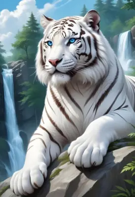 Digital Painting A White Tiger With Blue Eyes Lying On A Rock Waterfall And Trees In The Background Blue Sky With Some Clouds Bold And Slim Lines Brush Strokes 8 7458