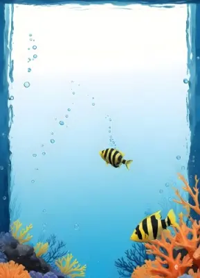 Digital Painting A Yellow And Black Striped Fish Near Orange Coral Blue Water With Bubbles On The Sides Orange Background Bold And Slim Lines Brush Strokes 7 4579