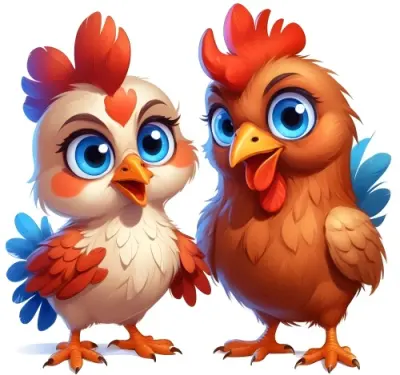 Digital Painting Cartoon Chicken And Hen With Big Red Eyes Blue Crests Blue Feathers And Small Beaks White Background Bold And Slim Lines Brush Strokes 8 A84e