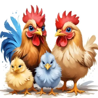 Digital Painting Cartoon Family Of Chickens Rooster With Blue Feathers And Blue Tail Hen With Blue Feathers Two Chicks With Yellow And Blue Feathers White Background Bold And Slim Lines Brush Strokes 4 Dc84