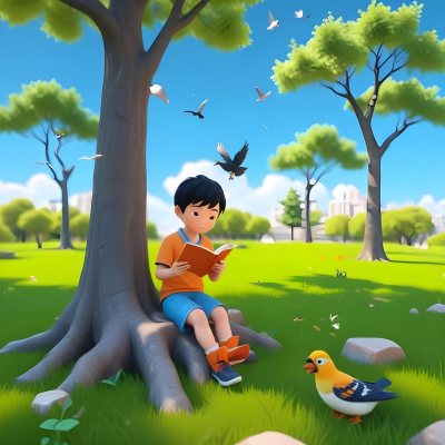 3d Model An Asian Boy 7 Years Old Black Hair Reading A Book Under A Tree A Bird Flying Around In A Park Figure Octane Render Volumetric Highly Detailed Videogame Aesthetic 7 E82d Fb3f