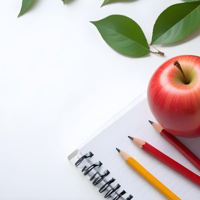 A Red Apple Pencils And A Notebook On A White Background With Green Leaves 4 1c7a