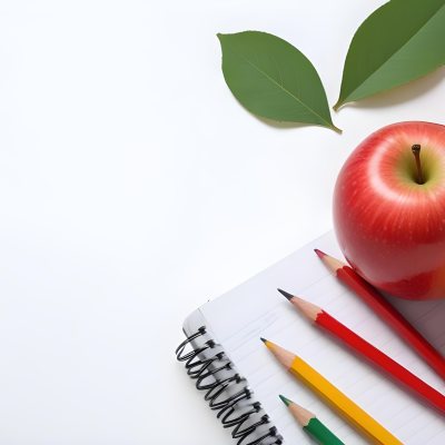 A Red Apple Pencils And A Notebook On A White Background With Green Leaves 5 Ab2a