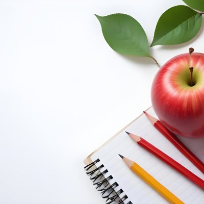 A Red Apple Pencils And A Notebook On A White Background With Green Leaves 6 0c5f