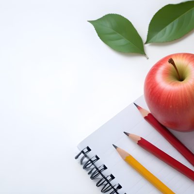 A Red Apple Pencils And A Notebook On A White Background With Green Leaves 7 E396