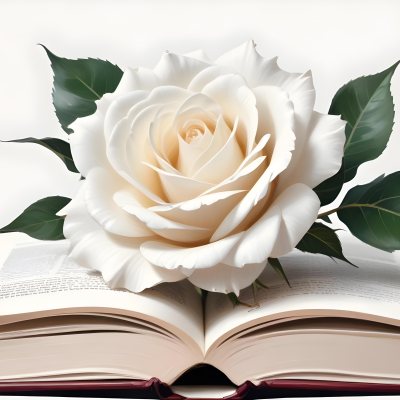An Open Book With A White Rose On Top White Background 15 7b54