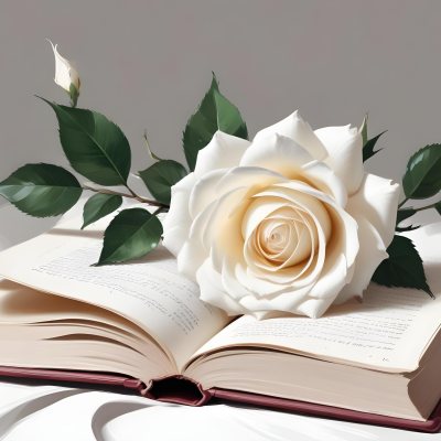 An Open Book With A White Rose On Top White Background 3 E817