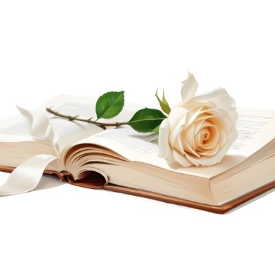An Open Book With A White Rose On Top White Background 32 4f74