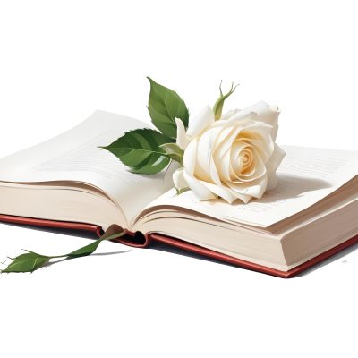An Open Book With A White Rose On Top White Background 4 79c4