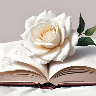 An Open Book With A White Rose On Top White Background 6 Dc85