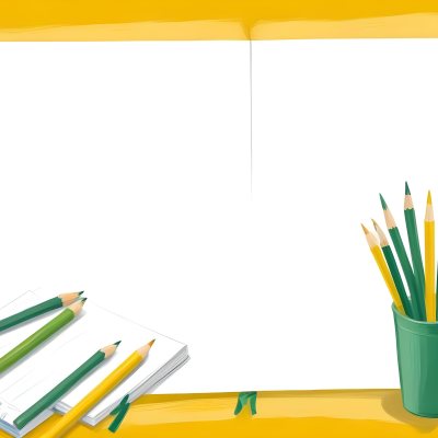 Digital Painting A Blank Green Notebook With A Green And Yellow Paintbrush Two Pencils A Cup With Crayons Yellow Frame Bold And Slim Lines Brush Strokes 32 2449 7869