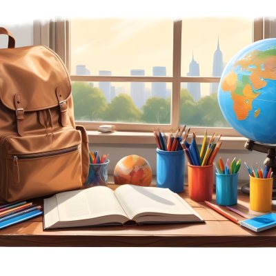 Digital Painting A Brown Backpack An Open Book Colored Pencils A Globe And Other School Supplies Arranged On A Wooden Table In Daylight With A Window View In The Background Bold And Slim Lines Brush Strokes 4 E2f4