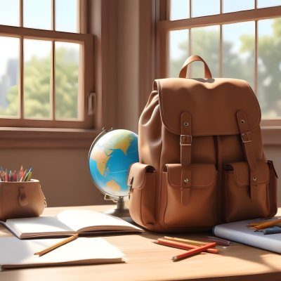 Digital Painting A Brown Backpack An Open Book Colored Pencils A Globe And Other School Supplies Arranged On A Wooden Table In Daylight With A Window View In The Background Bold And Slim Lines Brush Strokes 5 37bf