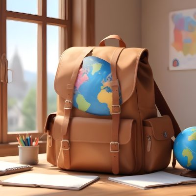 Digital Painting A Brown Backpack An Open Book Colored Pencils A Globe And Other School Supplies Arranged On A Wooden Table In Daylight With A Window View In The Background Bold And Slim Lines Brush Strokes 6 D5c1