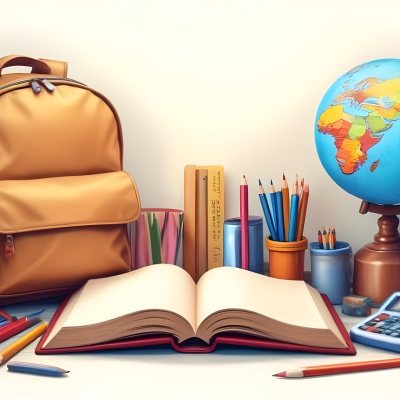 Digital Painting A Brown Backpack An Open Book Colored Pencils A Globe And Other School Supplies Arranged On A Wooden Table In Daylight With A Window View In The Background Bold And Slim Lines Brush Strokes 7 B7dc
