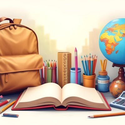 Digital Painting A Brown Backpack An Open Book Colored Pencils A Globe And Other School Supplies Arranged On A Wooden Table In Daylight With A Window View In The Background Bold And Slim Lines Brush Strokes 8 934a