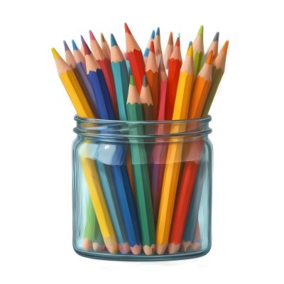 Digital Painting A Pot Filled With A Variety Of Colored Pencils Including Shades Of Red The Pot Is Split In Color With One Half Being Yellow And The Other Half Blue Two Small Capsules In Yellow And Orange Are Plac 158 05e4
