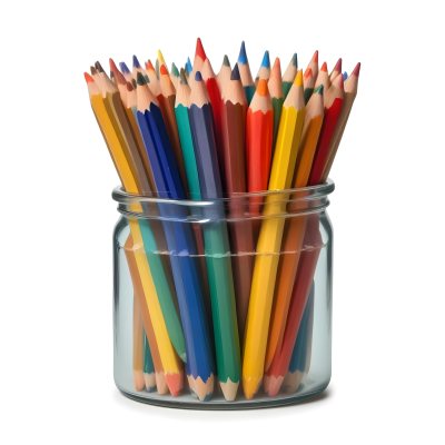 Digital Painting A Pot Filled With A Variety Of Colored Pencils Including Shades Of Red The Pot Is Split In Color With One Half Being Yellow And The Other Half Blue Two Small Capsules In Yellow And Orange Are Plac 48 12bc