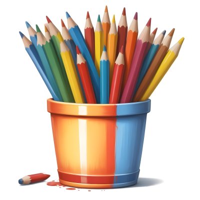 Digital Painting A Pot Filled With A Variety Of Colored Pencils Including Shades Of Red The Pot Is Split In Color With One Half Being Yellow And The Other Half Blue Two Small Capsules In Yellow And Orange Are Plac 64 F8d1