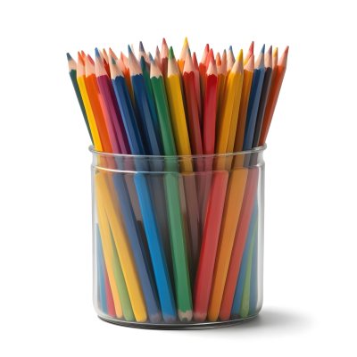 Digital Painting A Pot Filled With A Variety Of Colored Pencils Including Shades Of Red The Pot Is Split In Color With One Half Being Yellow And The Other Half Blue Two Small Capsules In Yellow And Orange Are Plac 73 B765