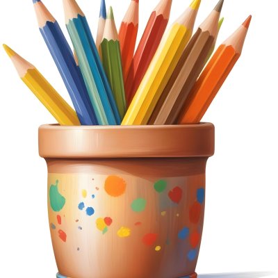 Digital Painting A Pot Filled With A Variety Of Colored Pencils Including Shades Of Red The Pot Is Split In Color With One Half Being Yellow And The Other Half Blue Two Small Capsules In Yellow And Orange Are Plac 89 0630